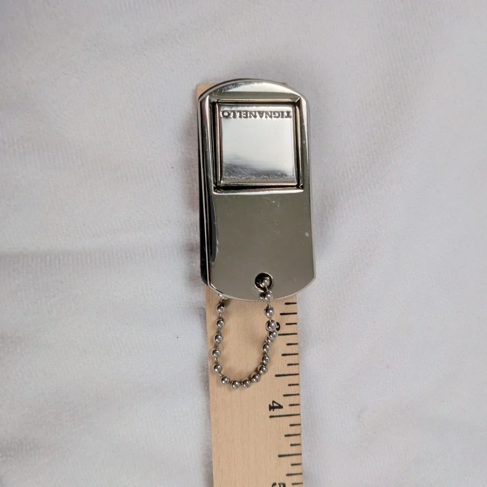 Tignanello Silver Tone Metal and Brown Leather Dog Tag Purse Charm Keychain